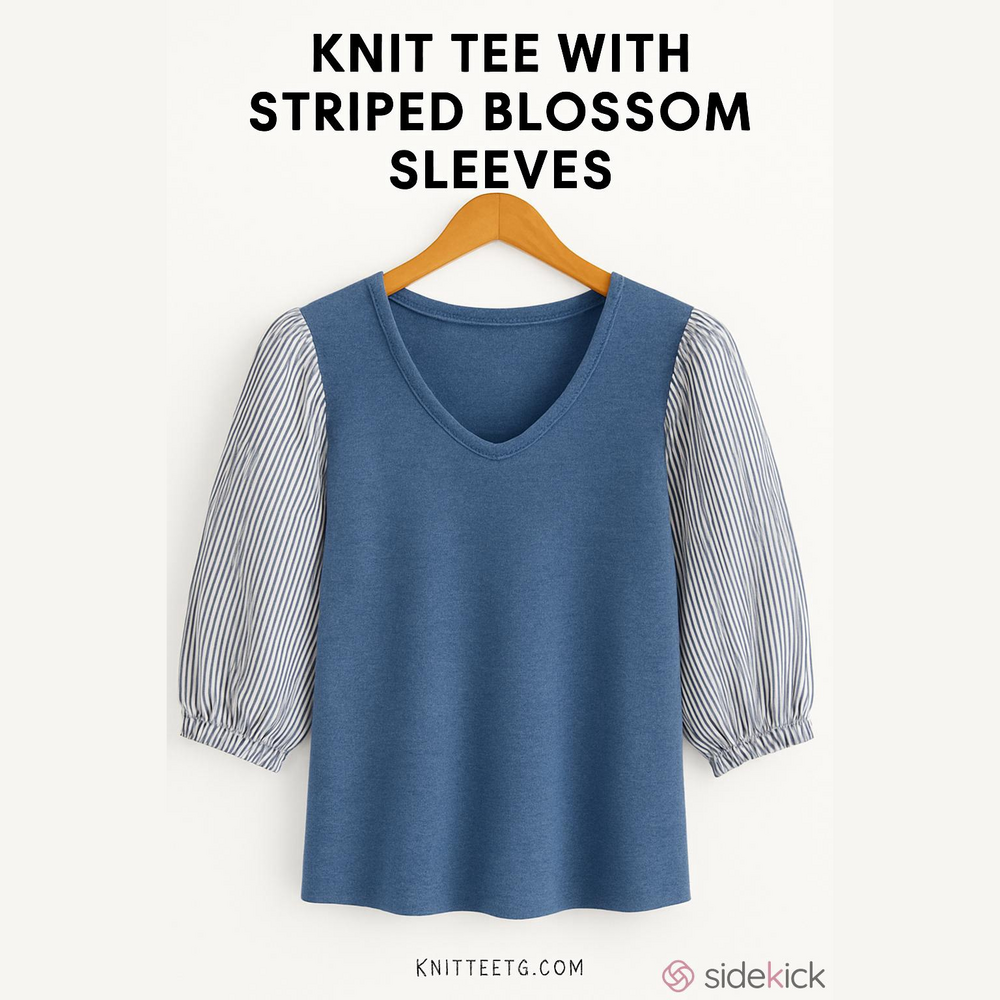 Chico's Blue V-Neck Knit Tunic with Striped Puff Sleeves Cotton Blend
